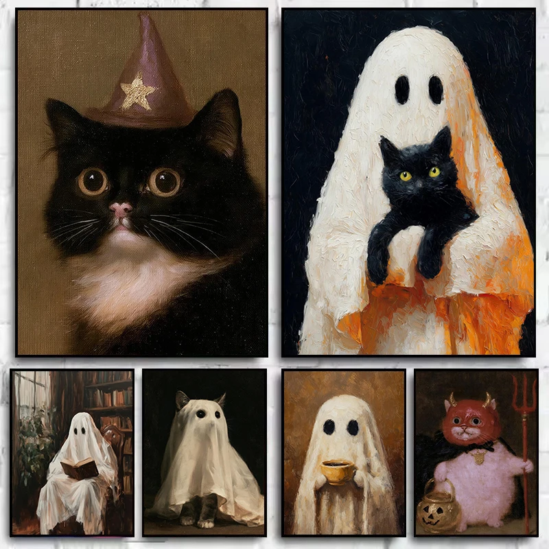 1pc frameless Canvas Painting Vintage Gothic Funny Wizard Cat Portrait Cute Ghost Drinking Coffee Poster Canvas Painting Wall Ar