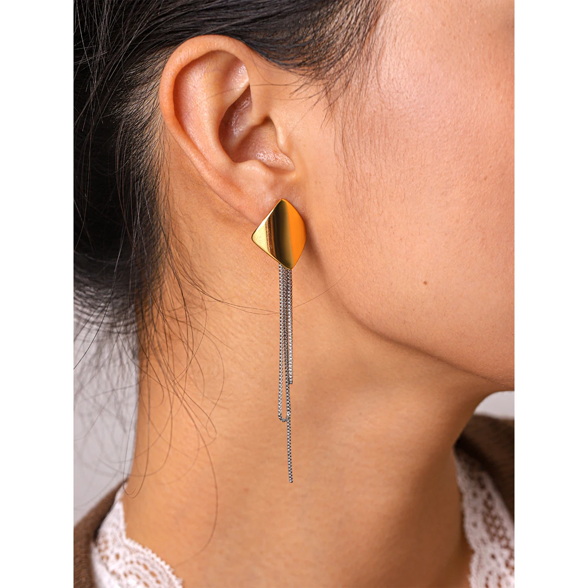 

Geometric Mixed Color Chain Tassel Earrings For Women 18K Gold PVD Plated Stainless Steel Waterproof Fashionable Jewelry Gift