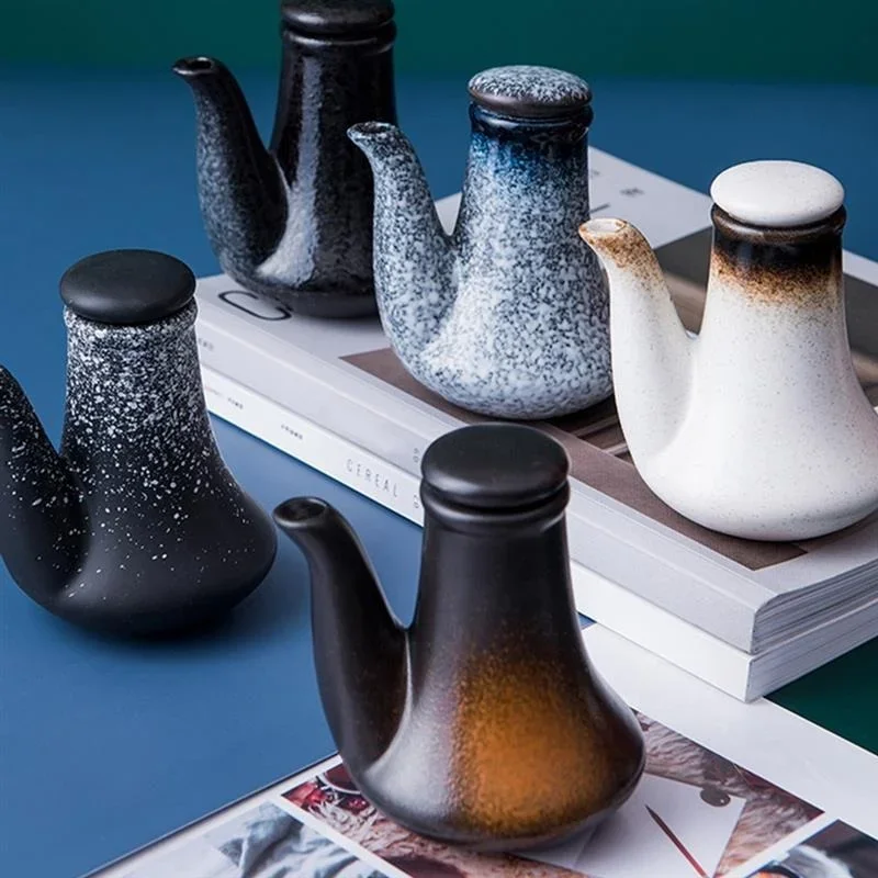 Japanese Retro Household Ceramic Oil Bottle Seasoning Jar Olive Oil Vinegar Soy Sauce BottleFood StorageContainerKitchenUtensils