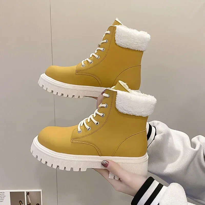 

Women's Boots Fashion Casual Leather Boots Anti-slip Platform Boot Plush Warm Snow Boots for Women Winter High Top Cotton Shoes