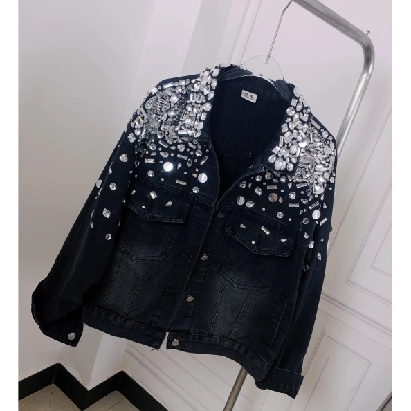 Mode Damen Herbst neue trend ige funkelnde Diamant Perlen Pailletten schwarze Jeans jacke Damen High Street Diamond Denim Top