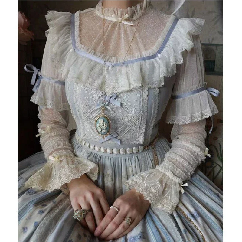 Dolce fiocco Roffles Maglia di pizzo Camicie a maniche lunghe Ragazze Kawaii Allentato Jsk All'interno Top Vittoriano Vintage Elegante Lolita Camicette Donna