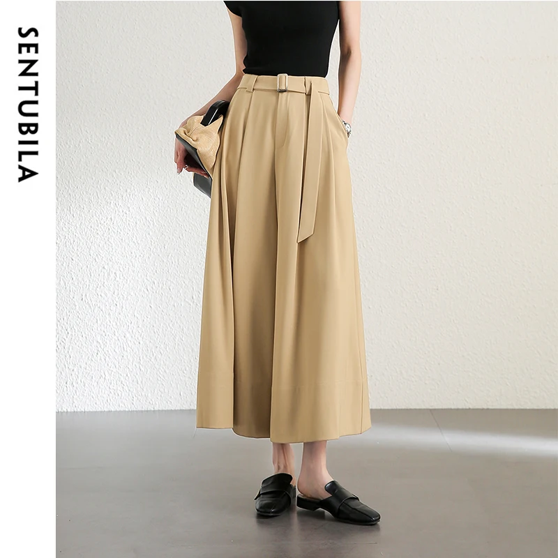 

SENTUBILA Texture Folds Pants for Women 2024 Autumn Twill Casual Solid Sashes Wide Leg Pants Office Lady Trousers 143K56845X