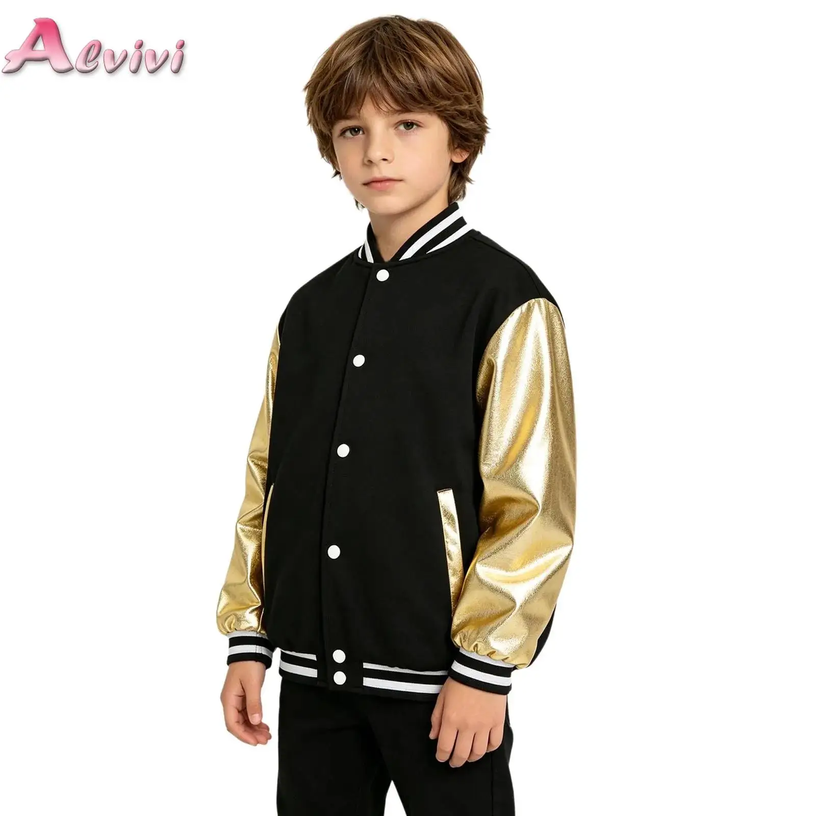 Boys Girls Unisex Kids Baseball Jacket Metallic Shiny Long Sleeve Eagle Printed at Back Color Blocking Bomber Jacket Outerwear