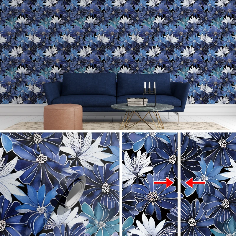 Sapphire Blue Floral Wallpaper Retro Euclidean Peel And Stick PVC Wallpaper Living Room Kitchen Flower Vinyl Cabinet Stickers