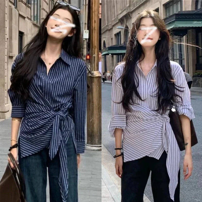 

Retro Korean Style Striped Shirt Women's Long Sleeve Knot Waist Design Fashionable Elegant Top Trendy Collar Spring