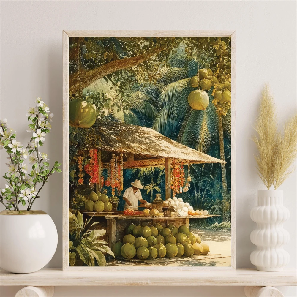 Tropical Coconut Vendor Art Print Jungle Market Poster Caribbean Asia Illustration Vintage Jungle River Wall Art Canvas Painting