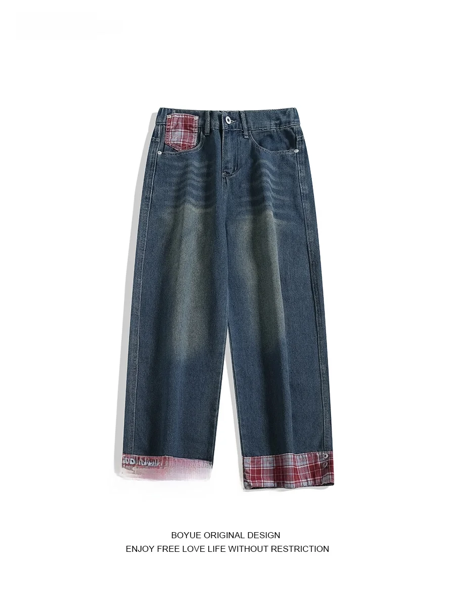 

Boyle Straight Leg Plaid Jeans Men's Slimming Trendy Design Cuffed Patchwork Casual Long Pants Youth Faion Classic Blue