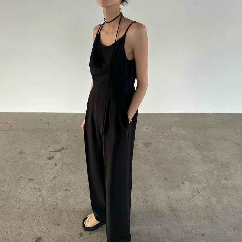 

WAKUTA Loose Slim High Waist Solid Color Overalls 2024 Summer Strap Commuter Monos Mujer Lazy Wide Leg Fashion Jumpsuit Women