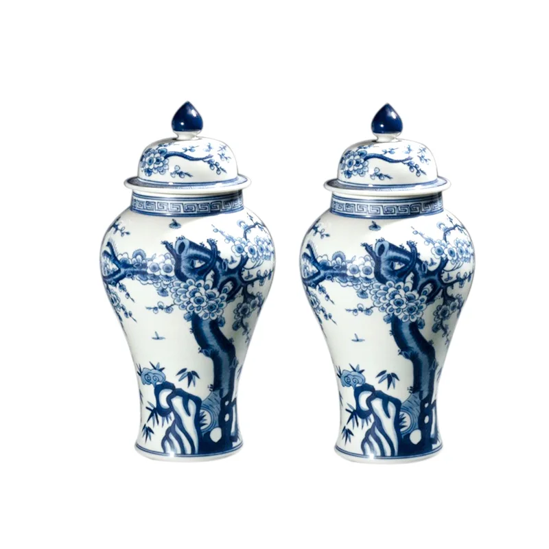 Chinese Antique Qing Qianlong Mark Decorative Temple Jar Hand Painted Blue White Porcelain Ginger Jar Ceramic Vase with Lid