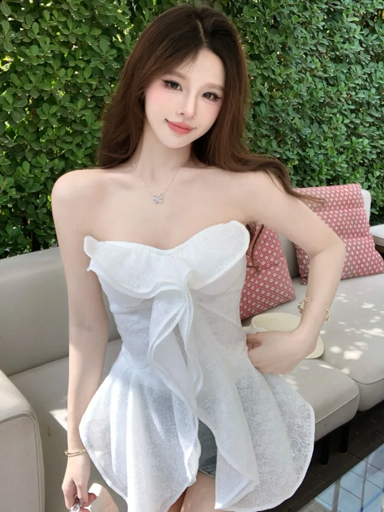 

Beautiful Women's Summer Shirt Strapless Tube Top Sexy One-Shoulder Blouse Thai Style Pure Desire Leaf Korean Style Slim...