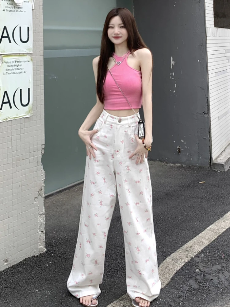 

Casual Chic High Waist Print Wide Leg Pants Women Fashion Sweet White Loose Baggy Pant Female Vintage Y2k Wash Natural Trousers