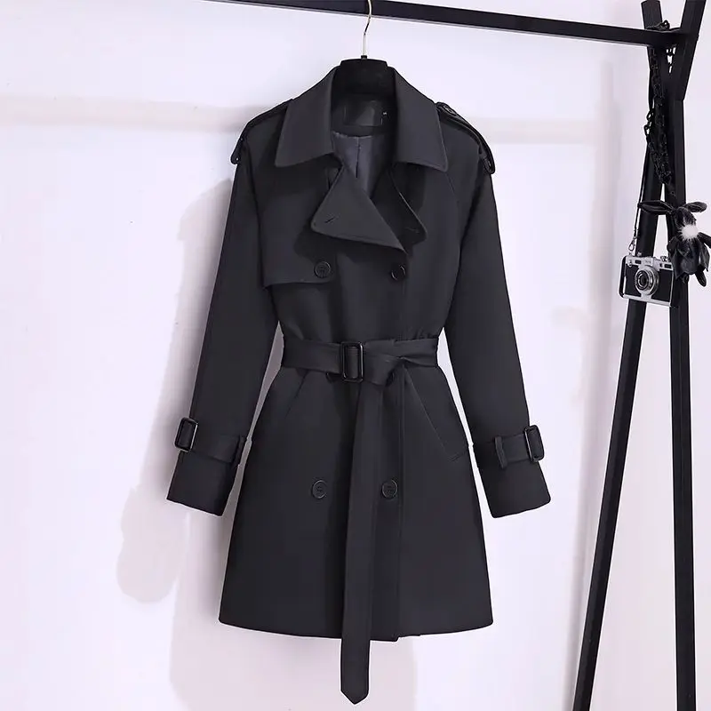 Trendy Women's Trench Coats New Spring Autumn High-end Mid-length Slim Outerwear Double-breasted Belt Long Sleeves Windbreaker