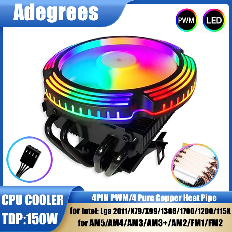

Adegrees B9 CPU Cooler 120MM 4 Heat Pipes 4PIN PWM PC Radiator Fan for Intel LGA 1700 1366 2011 1150 1151 X79 X99 AM3 AM4 AM5
