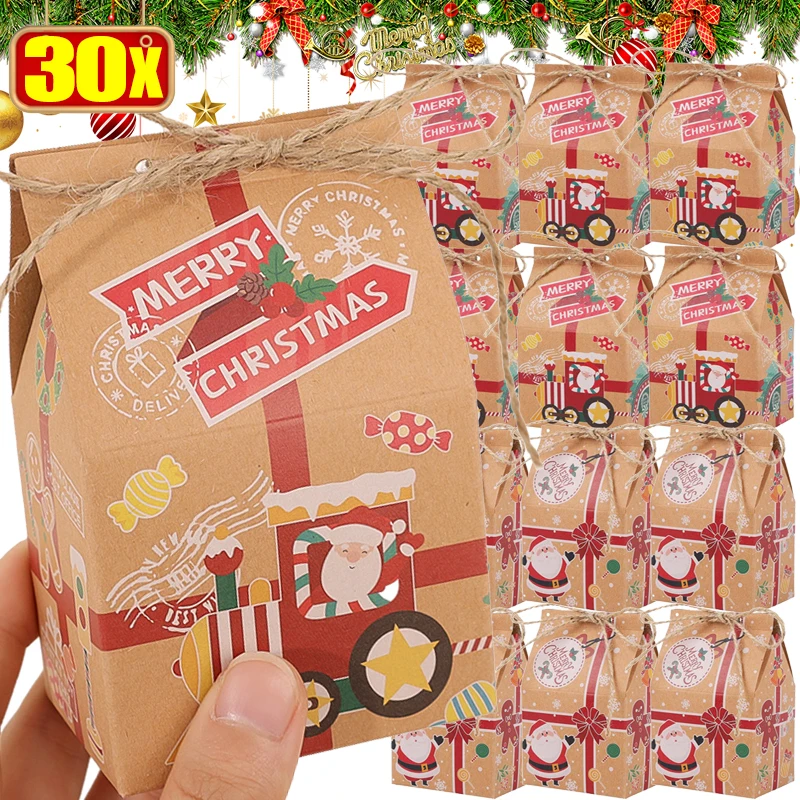 1/30PCS Kraft Paper Gifts Box Christmas Packaging Gift Box with Rope Santa Claus Pattern Packing Box Home Xmas Party Decoration