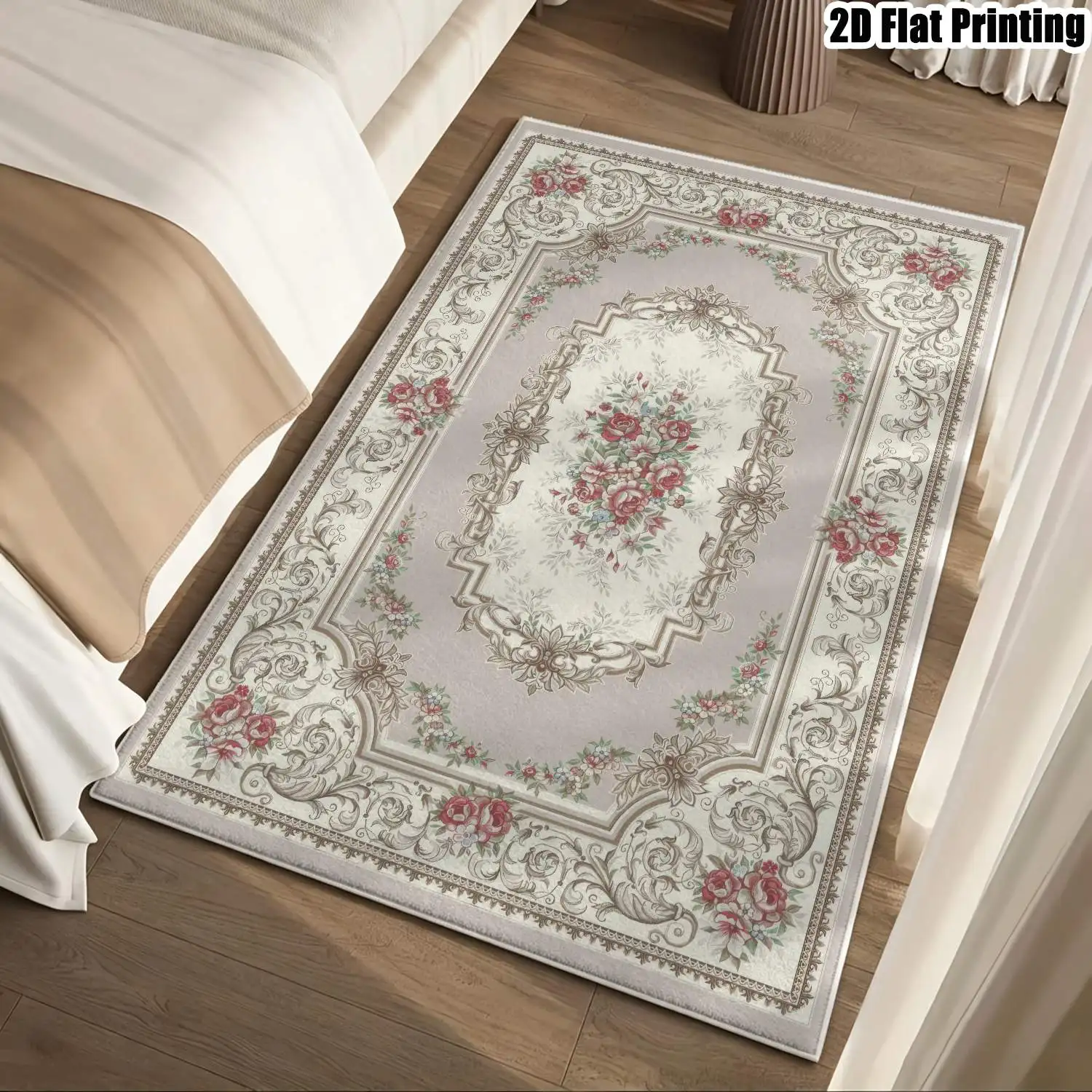 1Pc 2D Pink Floral Velvet Carpet, European Retro/Instagram Style, Machine Washable, Multi-Size Home Decor for Living Room Bedroom Dining Room Entrance Study