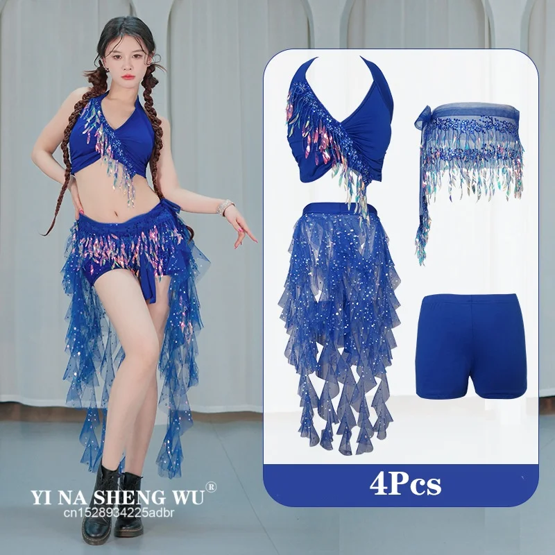 Belly Dance Butterfly Top Bra Belt Set Latin Sequin Fringe Halter Hip Skirt Sexy Party Costume Tassel Stage Performance