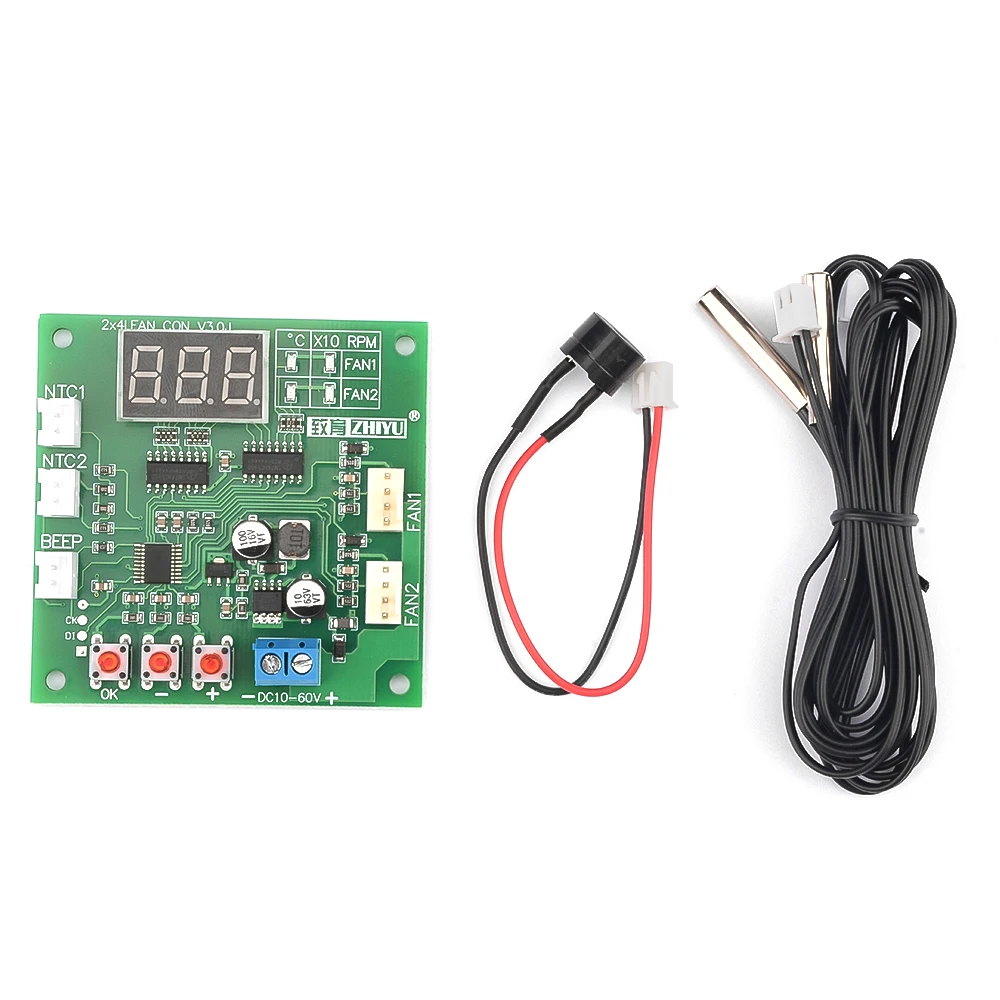 2 Channel 4 Wire PWM Motor Fan Speed Controller DC8-60V PC Fan Motor Speed Controller LED Digital Thermostat With NTC 10K Proben