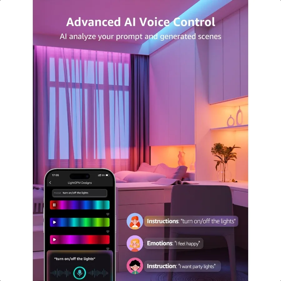 SE1 AI slimme LED-stripverlichting 49,2ft RGB-kleurveranderende lichtstrips met APP-bediening AI-genereerde verlichting Muzieksynchronisatie 2,4 GHz W
