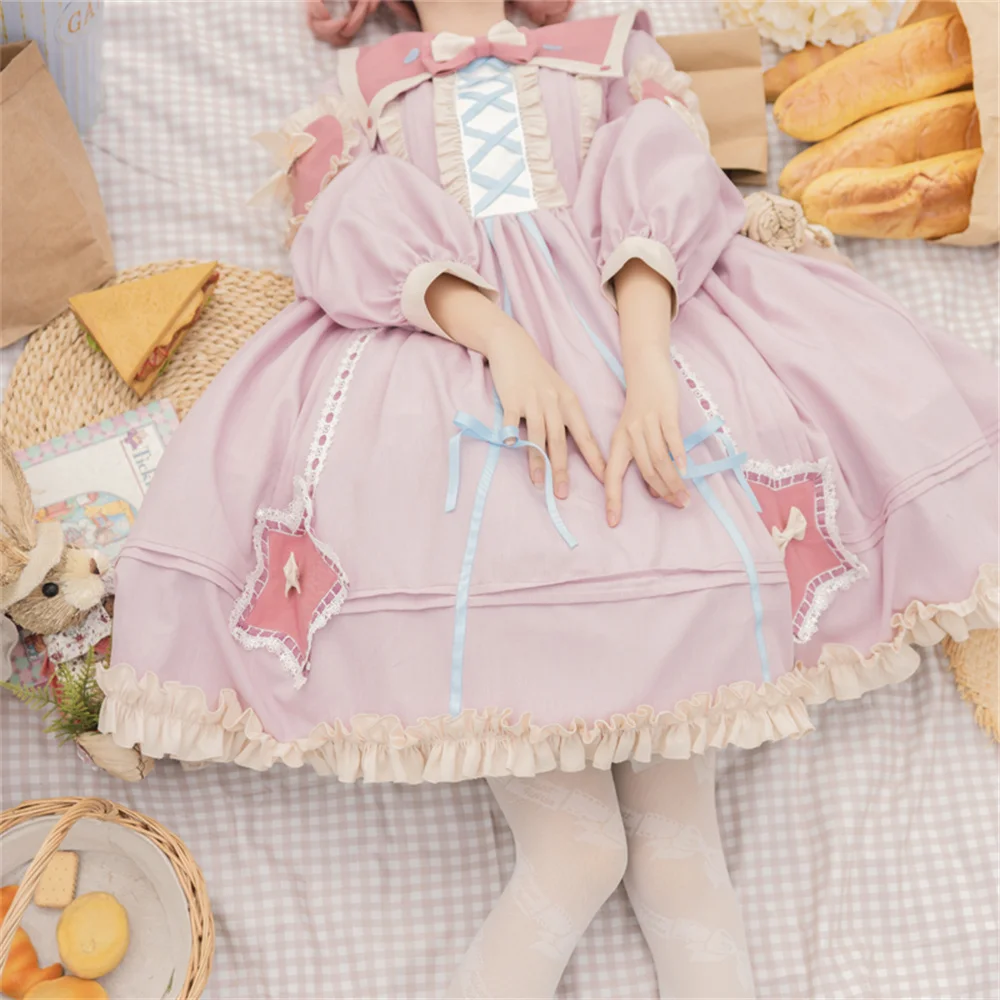 

Love Lace Sweet Girls Spring Navy Bowknot Strap Star Lolita Dress Kawaii Woman Pink Red Puff Sleeve Vantage Cosplay Lolita Op