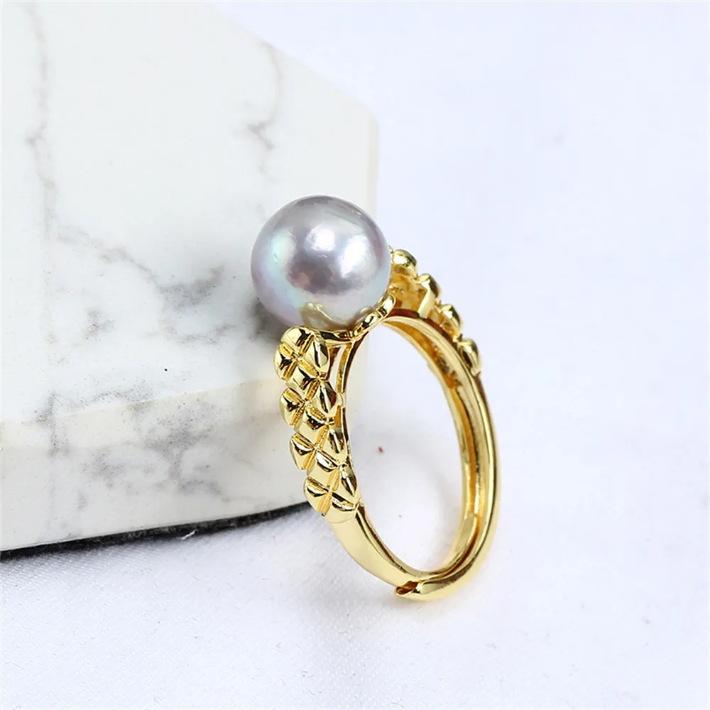 

14K Gold Injection DIY Accessory Ring Retro Diamond Lattice Pearl Empty Holder Opening Adjustable Women