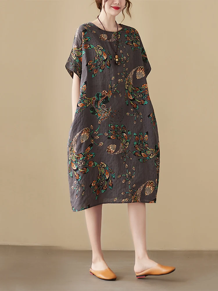 Short Sleeve Cotton Linen Vintage Print Summer Midi Dresses For Women 2026 New Casual Loose Holiday Ladies Dress Elegant Clothes