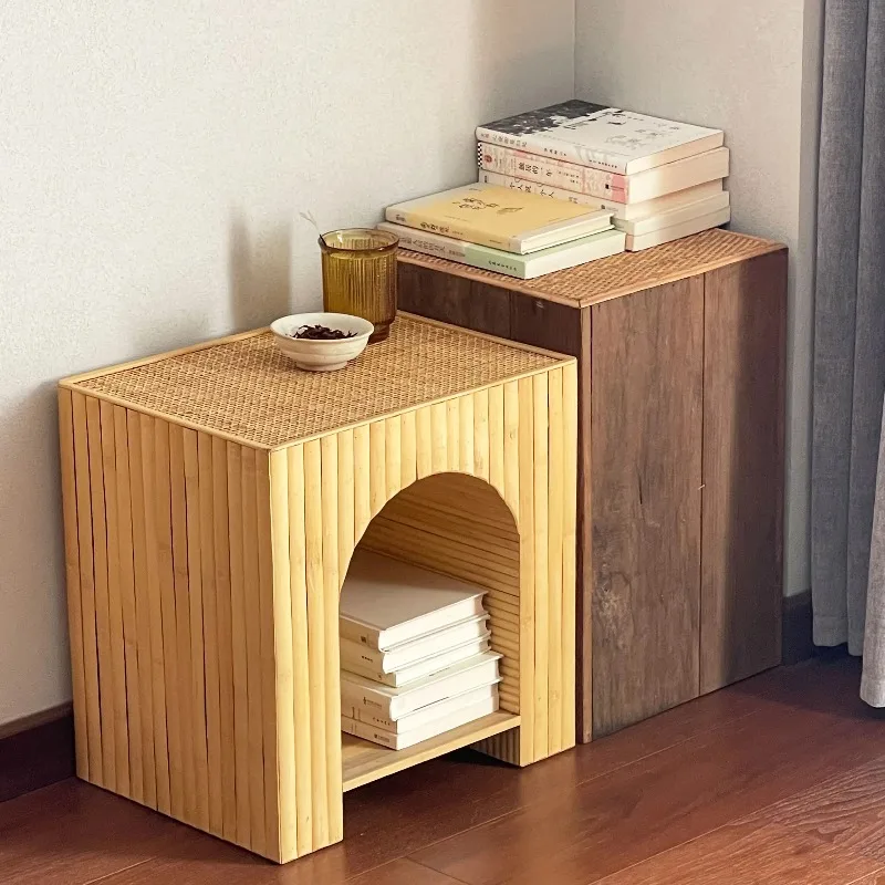 Bamboo Rattan Woven Storage Cabinet, Living Room Organizer with Minimalist Modern Farmhouse Style, Side End Table for Home Decor