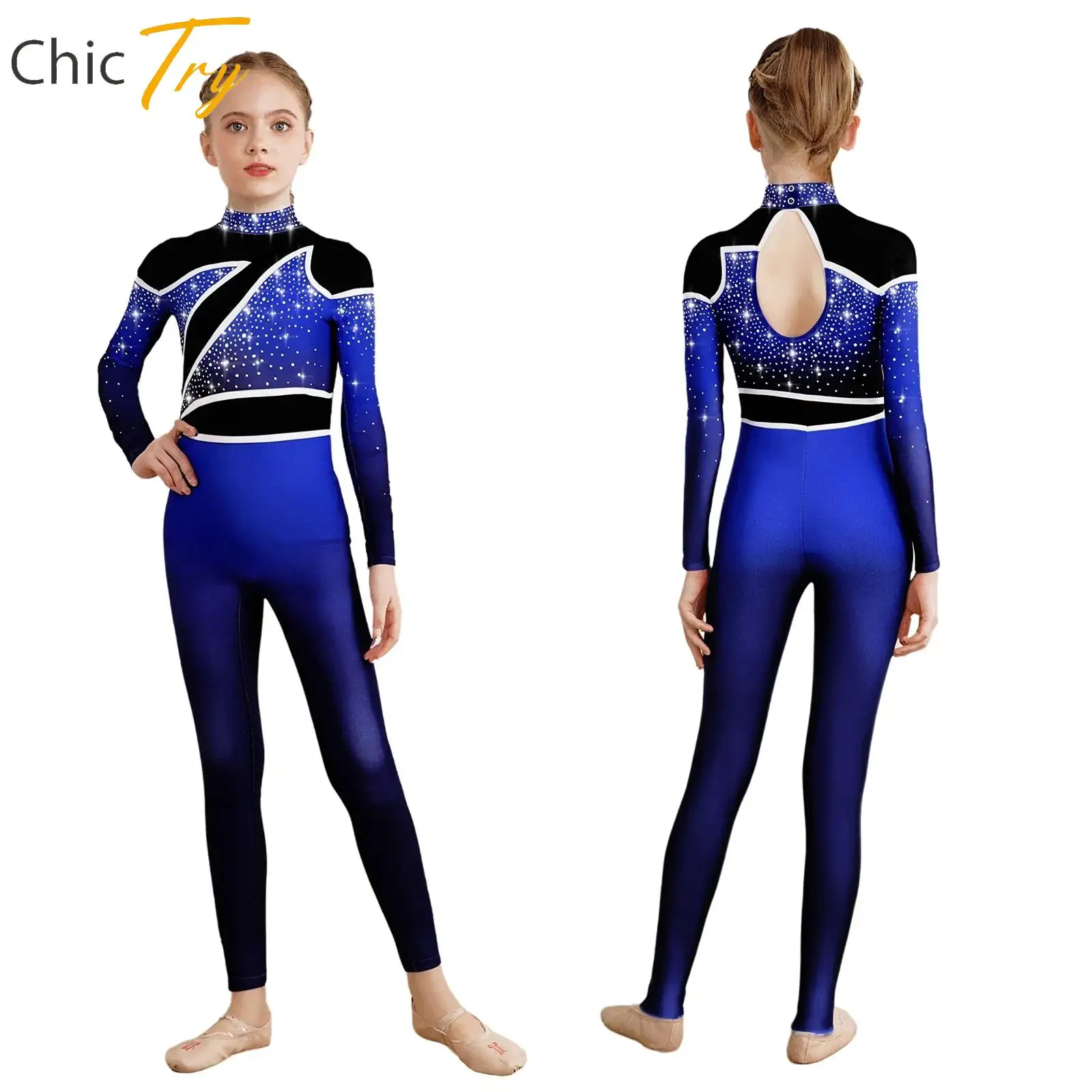 

Rhythmic Gymnastics Jumpsuit for Kids Girls Figure Skating Ballet Dancer Costumes Long Sleeve Keyhole Back Leotards Bodysuits