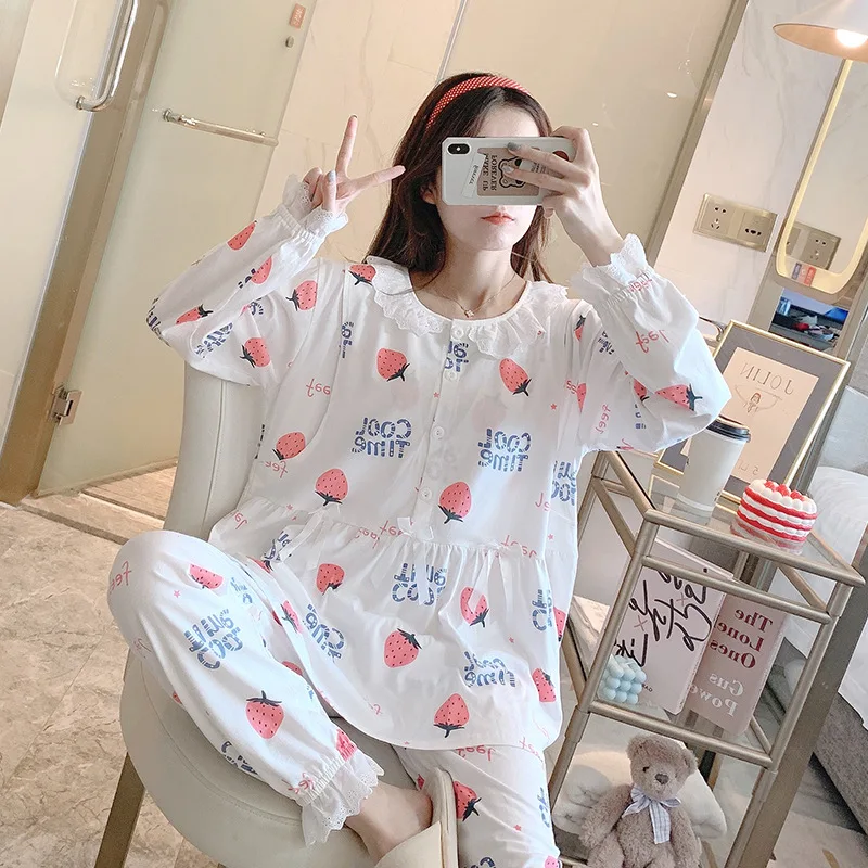 Maternity Spring and Fall Long-Sleeved Breastfeeding Pajamas Homewear Suit Spring and Summer Monthly Clothing Leisure Home Suit