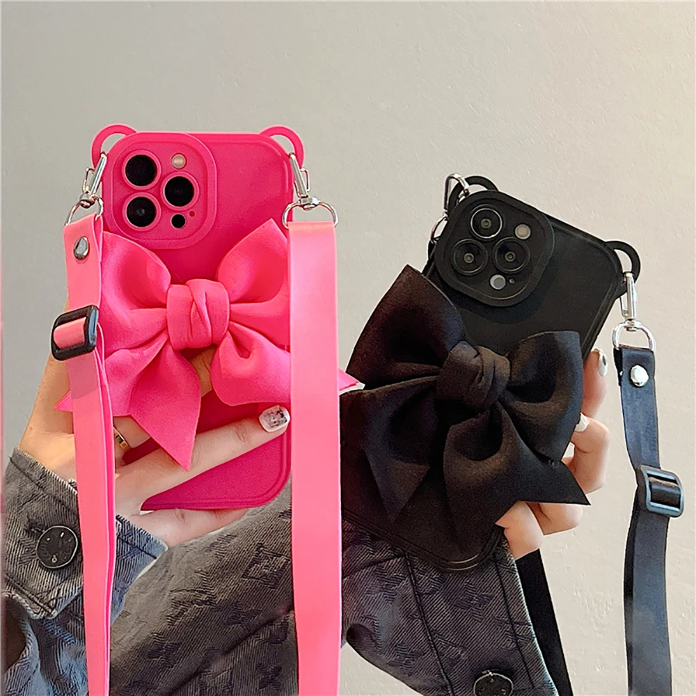 Crossbody Necklace Cord Lanyard 3D Bow Soft Case For iPhone 14 Pro Max Plus 12 13 11 Pro Max X XR Leather Rope Strap Chain Cover