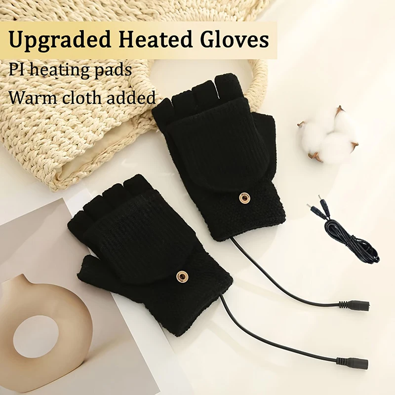 USB Gloves Knitted Half-finger Flip Gloves Electric Heating Warm Gloves Charging Gloves Double-sided Heating Electric Heating