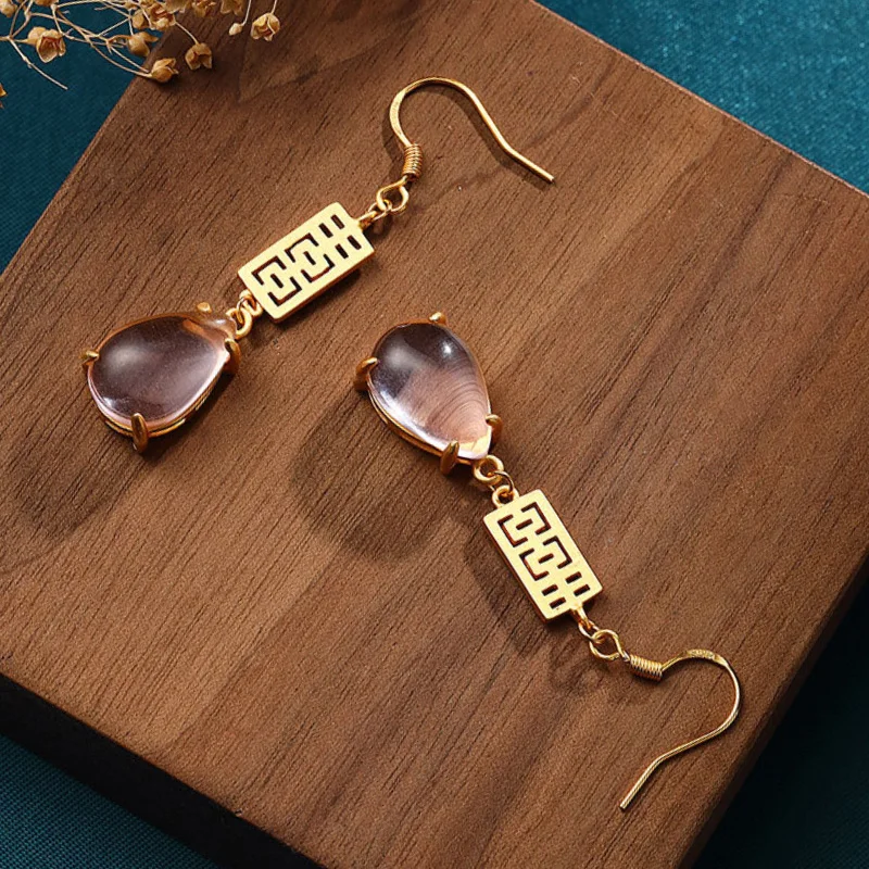 

Classic style natural water drop chalcedony vintage tassel earrings for women long ear hook Chinese dress cheongsam jewelry