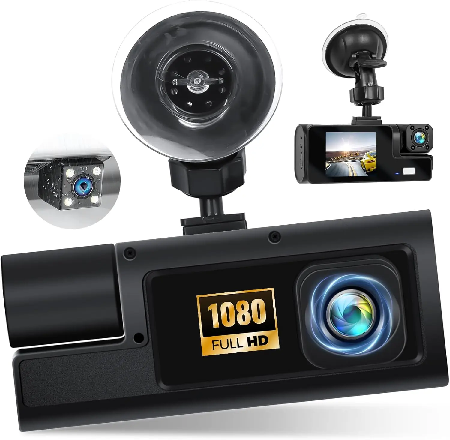 

3-канальная автомобильная камера 2,0 дюйма 1080P с ночным видением, широкоугольным углом, циклической записью, G-сенсором, записью 24 часа