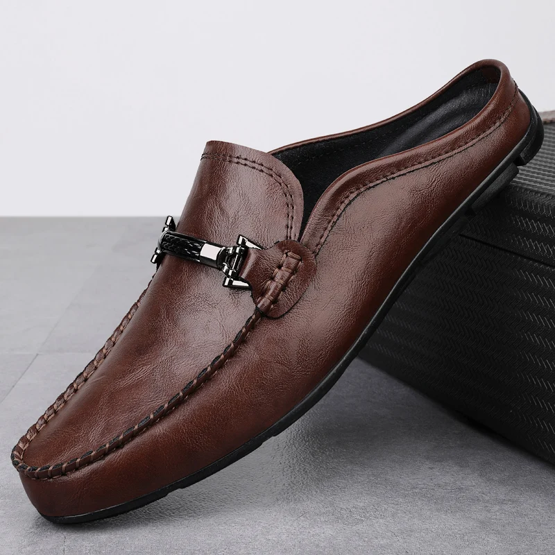 2025 Summer Large Size Mules Men Half Shoes For Man Slippers Leather Semi-Drag Casual Shoes Backless Loafers Male Slides Flats