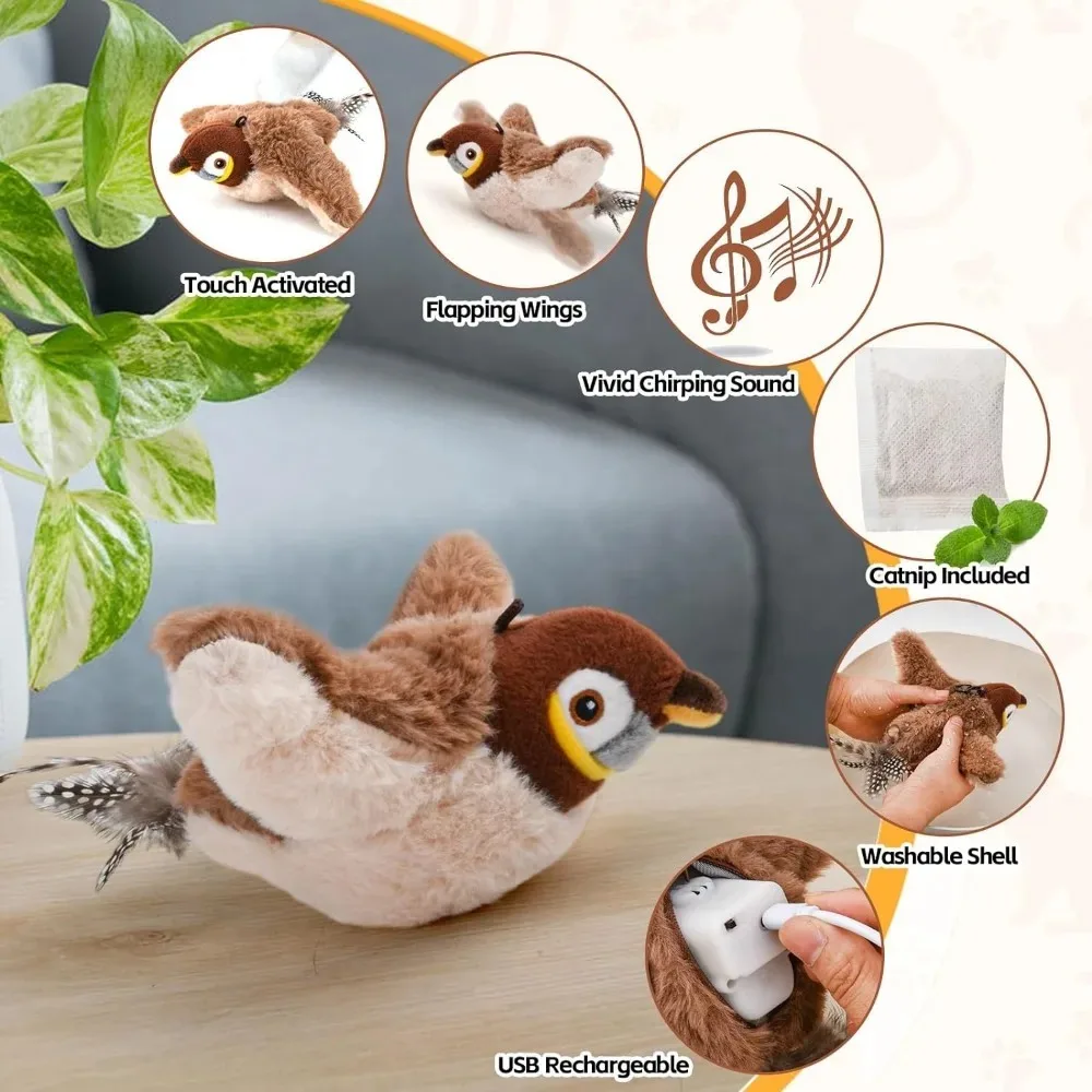 Interactive Cat Toys Rechargeable Chirping Flapping Bird(no Flying) with Catnip for Indoor Cats, Touch Activated Plush Toys