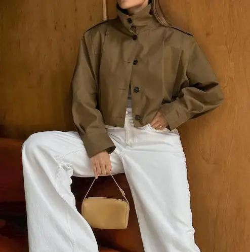 

Trendy Women's Autumn Jacket Vintage Khaki Lapel Temperament High Street Style Simple Single Breasted Jacket Short Jacket