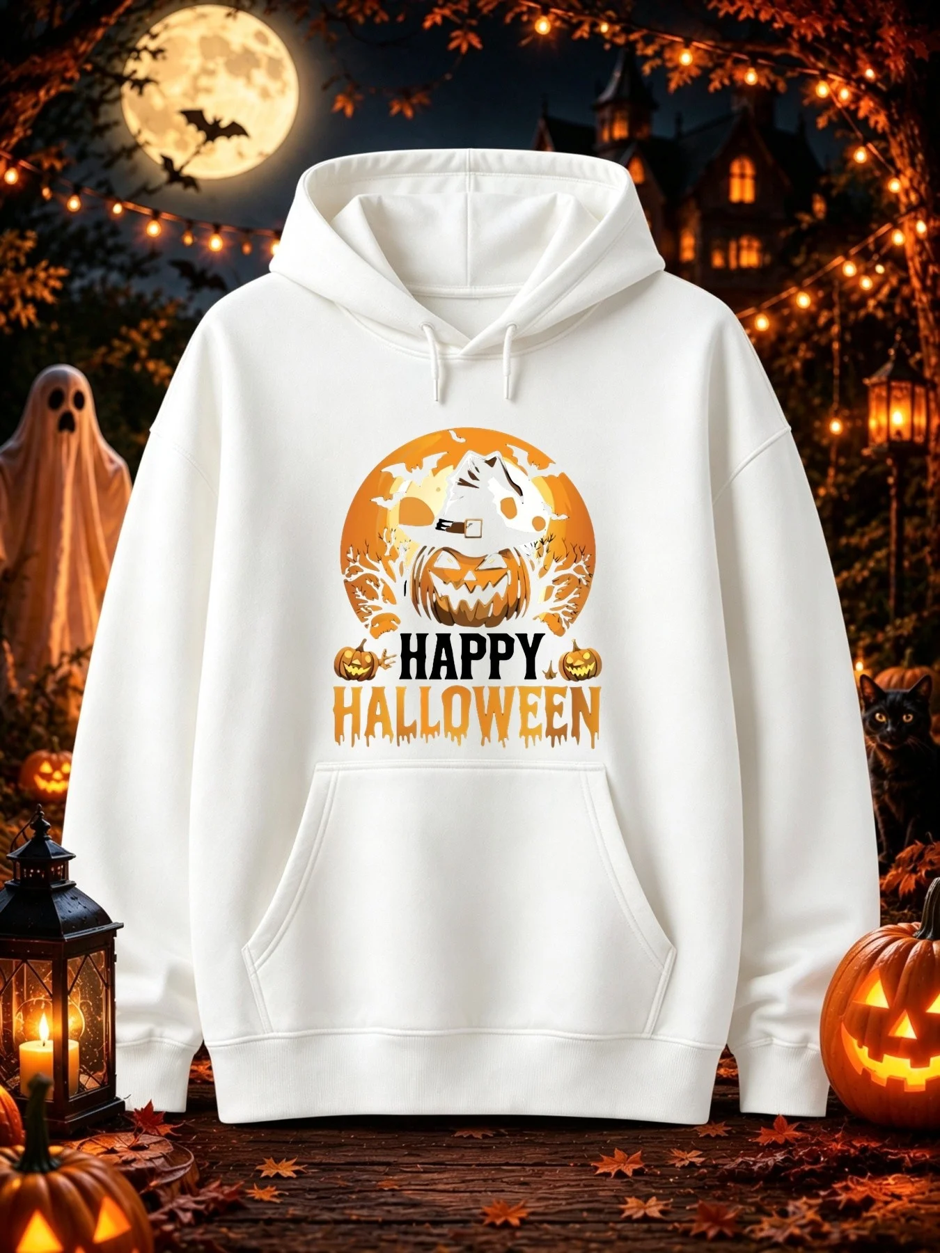 Men's Print Hoodie: a Jack-O-Lantern Wearing a Witch's Hat Sits in front of the Full Moon, with Flying Bats, Bare Trees, and Two Small Pumpkins Patterned in a Creepy Melting Style Beneath the Words 'HAPPY' and 'HALLOWEEN'