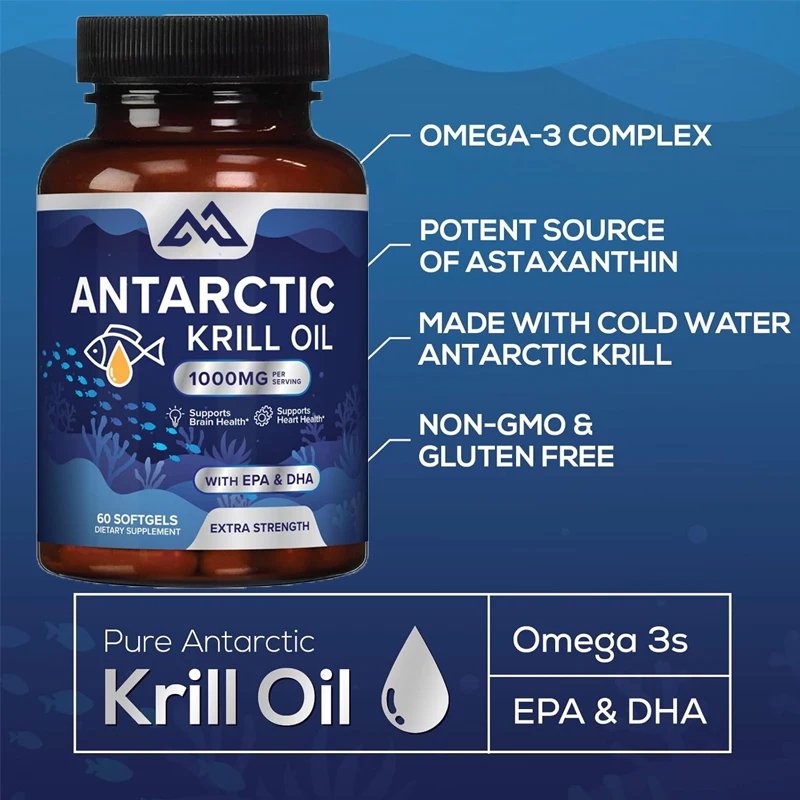 1000 milligrams - Antarctic krill oil containing omega-3 EPA, DHA containing astaxanthin immune support 60 capsules