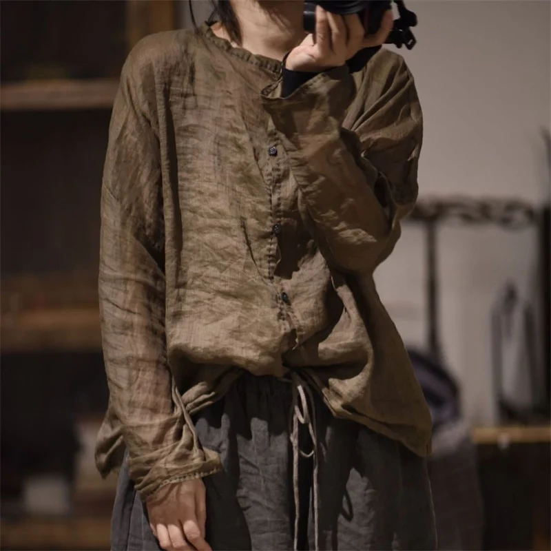 Camicetta in ramie letteraria sottile primavera autunno donna o collo manica lunga top ampio camicia lunga monopetto vintage morbida