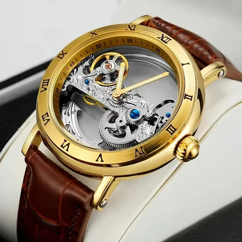 Vintage Mechanical Watches Golden Bridge Skeleton Automatic Men's Watch Luxury Genuine Leather Strap Carved Movement Luminous Hands