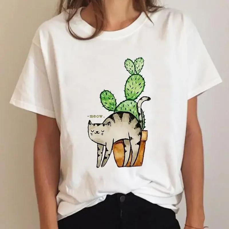 Damenmode Bekleidung Katze Kaktus Pflanzendruck T-Shirt Damen Kurzarm Print T-Shirt Damen Cartoon Top Grafik T-Shirts