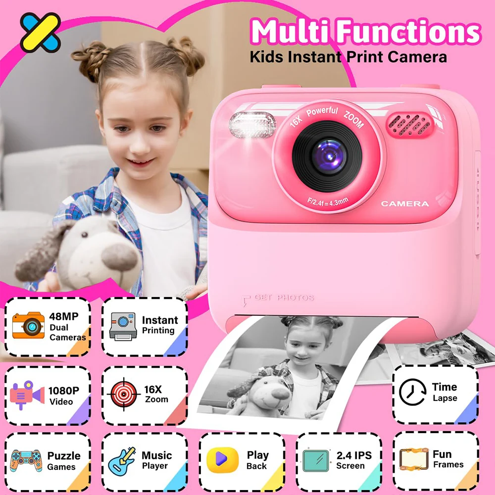 Kids Camera Instant Print, Selfie Digital Camera for Kids Boys& Girls Ideal Kids Toys Gifts HD Instant Print Camera for Kids,