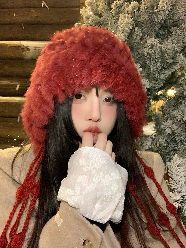 Thickened Winter Knitted Rabbit Fur Tassel Hat Women's Casual Style Ear Protection Face Slimming Cap Red Color
