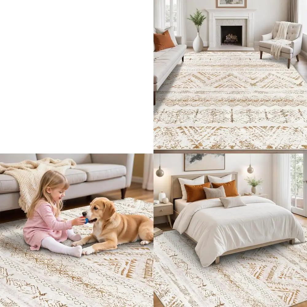 

Large 8x10 Moroccan-Style Fluffy Geometric Area Rug, Washable for Living Room, Bedroom, Dining, and Office, Light Brown/Ivory