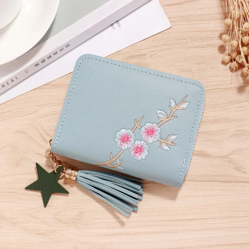 Cartera de estilo coreano con flores para mujer, monedero corto con cremallera, borla pequeña, corazón, Mini monedero, bolso de mano femenino,