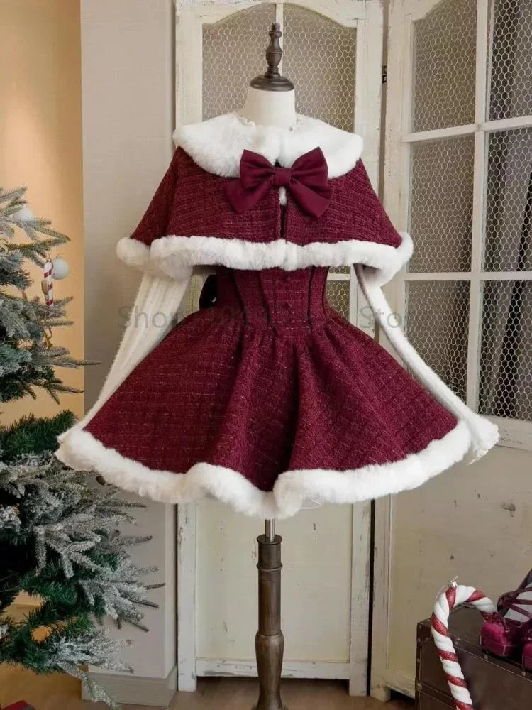 

Christmas New Year 3 Piece Set Sweet Lolita Style Dress Sets Womens Elegant Chic Bow Plush Shawl Short Jackets Mini Skirts Suit