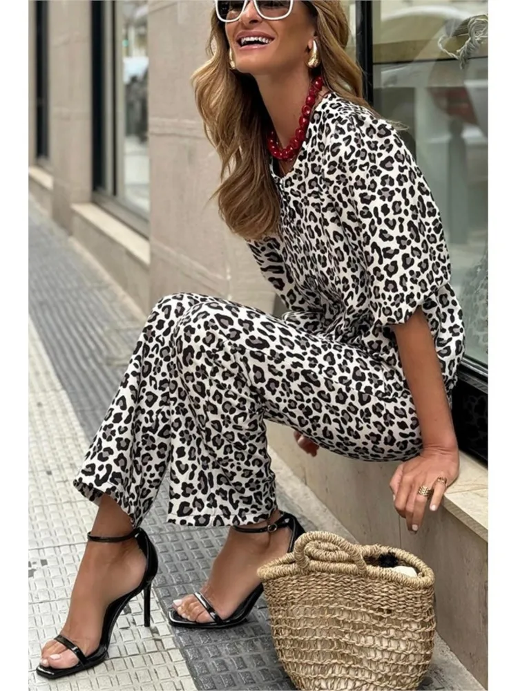 

Women Elegant Leopard Printed Pants Two Pieces Set Chic Sexy Outfits Half Sleeve Single Breasted Shirt Top Pants Fashion Suit