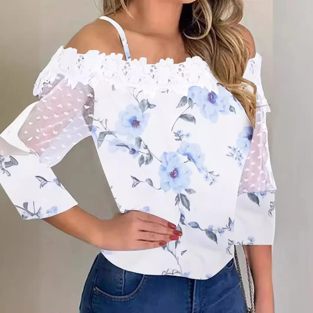 

Lace T Shirt for Women 2024 Summer Fashion Top Spotted Printed Mesh Patchwork Y2k Shirt Elegant Pullover Long Sleeves Blouse