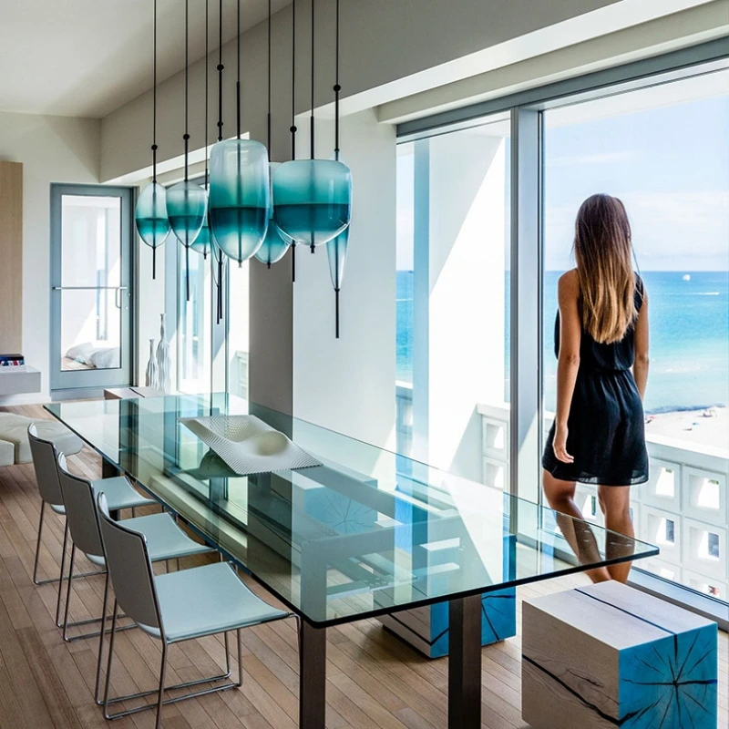 Simple Lake Blue Gradient Glass Pendant Lamp Designer Model Room Bedroom Restaurant Bar LED Chandelier Home Decor Light