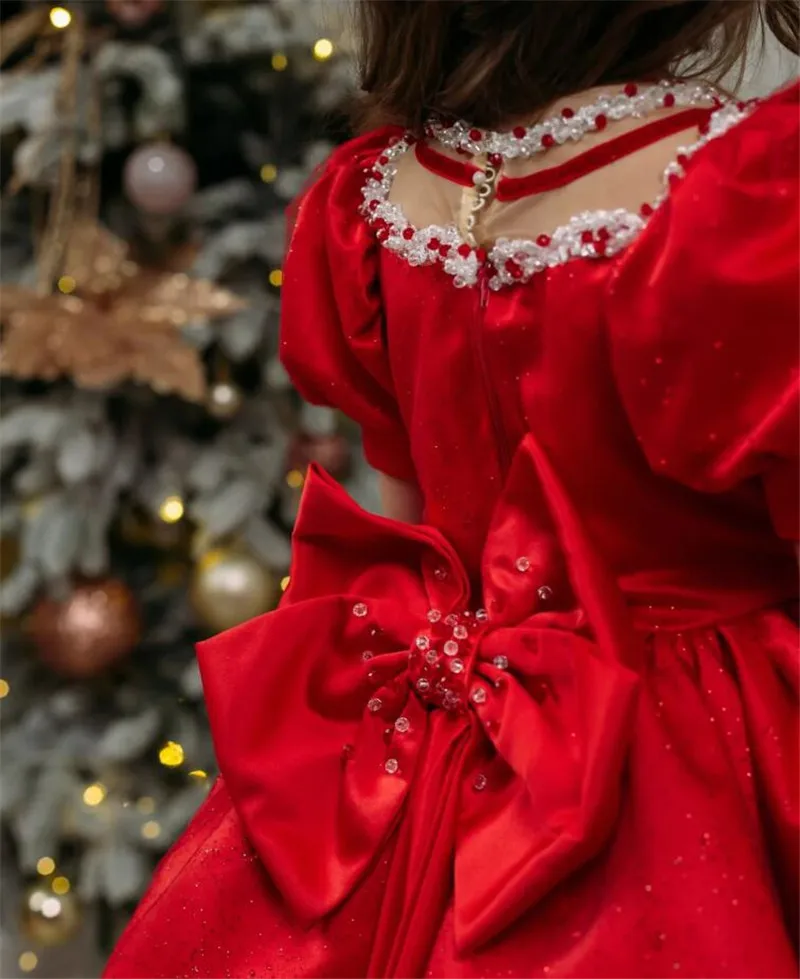 Vestidos de menina de cetim vermelho com arco grande tutu fofo, vestido de baile, comunhão, vestido de aniversário para criança, roupa para bebê 12m, 24m